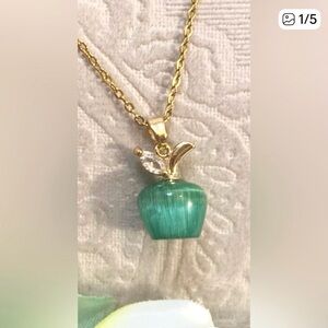 Green Opal Apple Pendant Necklace With Crystal Leaf Accent & Gold Chain NEW!